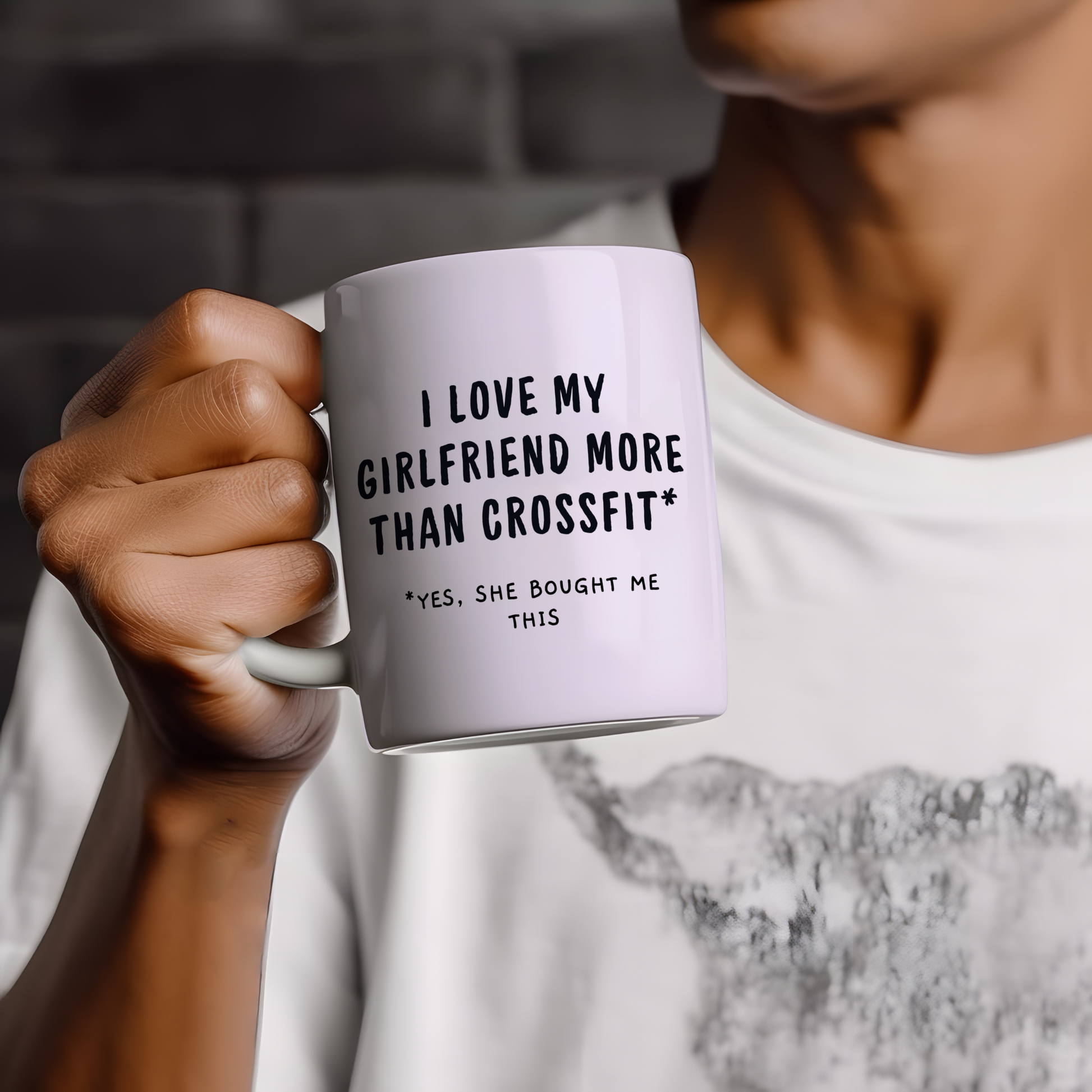 White glossy ceramic mug with “I Love My Girlfriend More Than crossfit” text printed on both sides, funny Valentine’s Day gift for running-loving couples.
