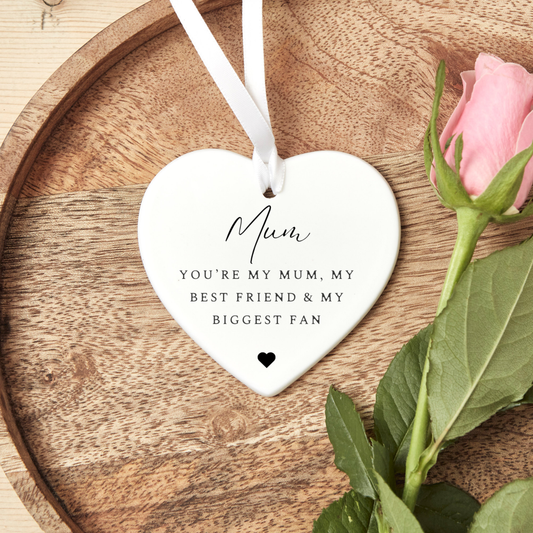 Heart-shaped ceramic keepsake ornament featuring a heartfelt message for Mum, Nan or Grandma. A sentimental Mother’s Day gift symbolising love, gratitude, and family connection.