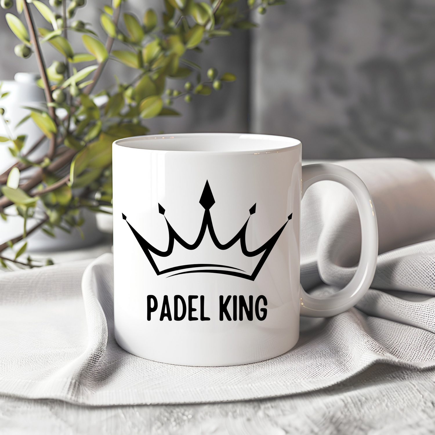 White ceramic mug with funny padel design. Great novelty gift for padel players, padel lovers, and racket sports fans. Dishwasher and microwave safe