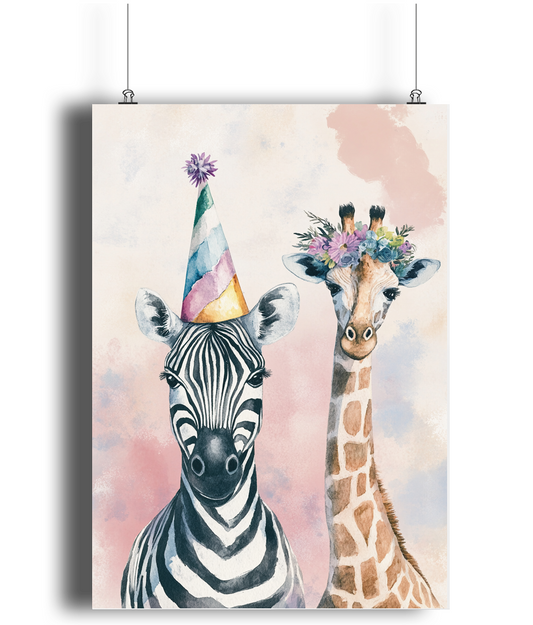 Party Zebra & Giraffe, Pastel Wall Art, Colourful Animal Wall Art - Peach and Pine