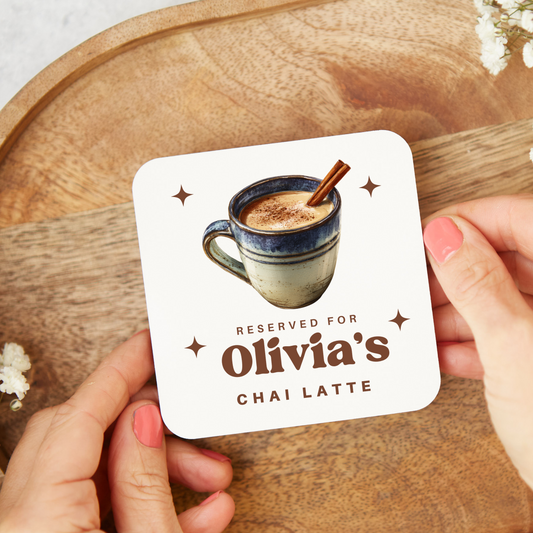 Personalised Chai Latte coaster with glossy finish, perfect gift and stocking filler for chai latte lover