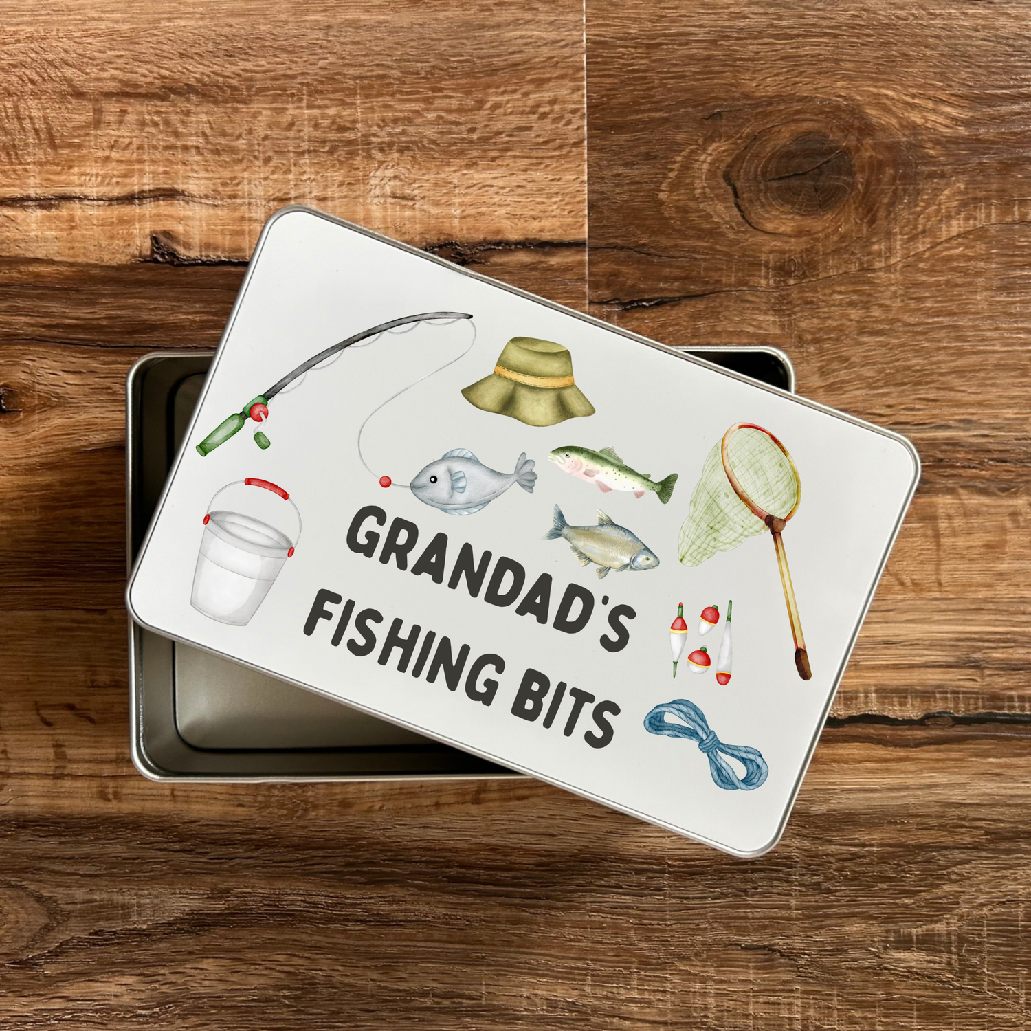 Personalised fishing tin with removable lid – empty keepsake box gift for fishermen or fishing lovers, 18.4 x 11.4 x 5.5 cm