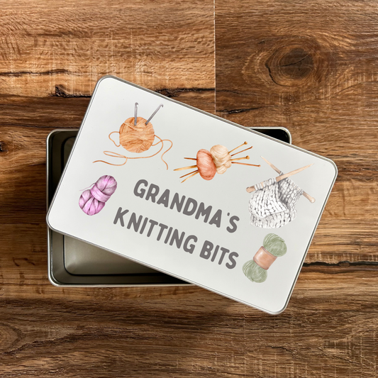 Personalised knitting tin with removable lid – empty keepsake box gift for knitters or yarn lovers, 18.4 x 11.4 x 5.5 cm