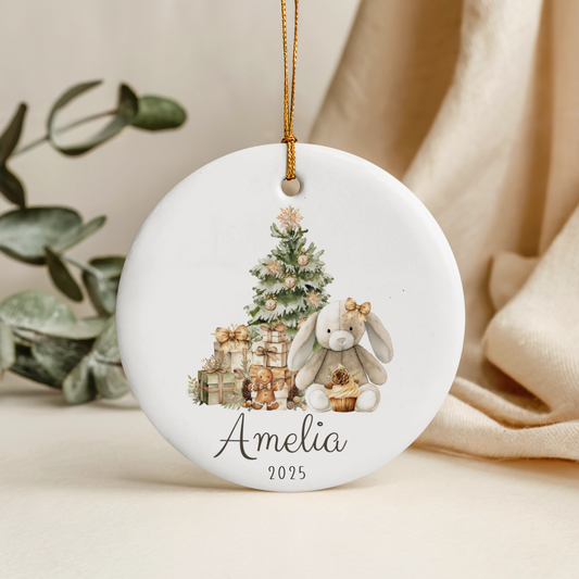 Personalised baby’s first Christmas ornament, white ceramic circle keepsake for new baby, Christmas tree decoration gift, custom name and year, 7cm round ceramic