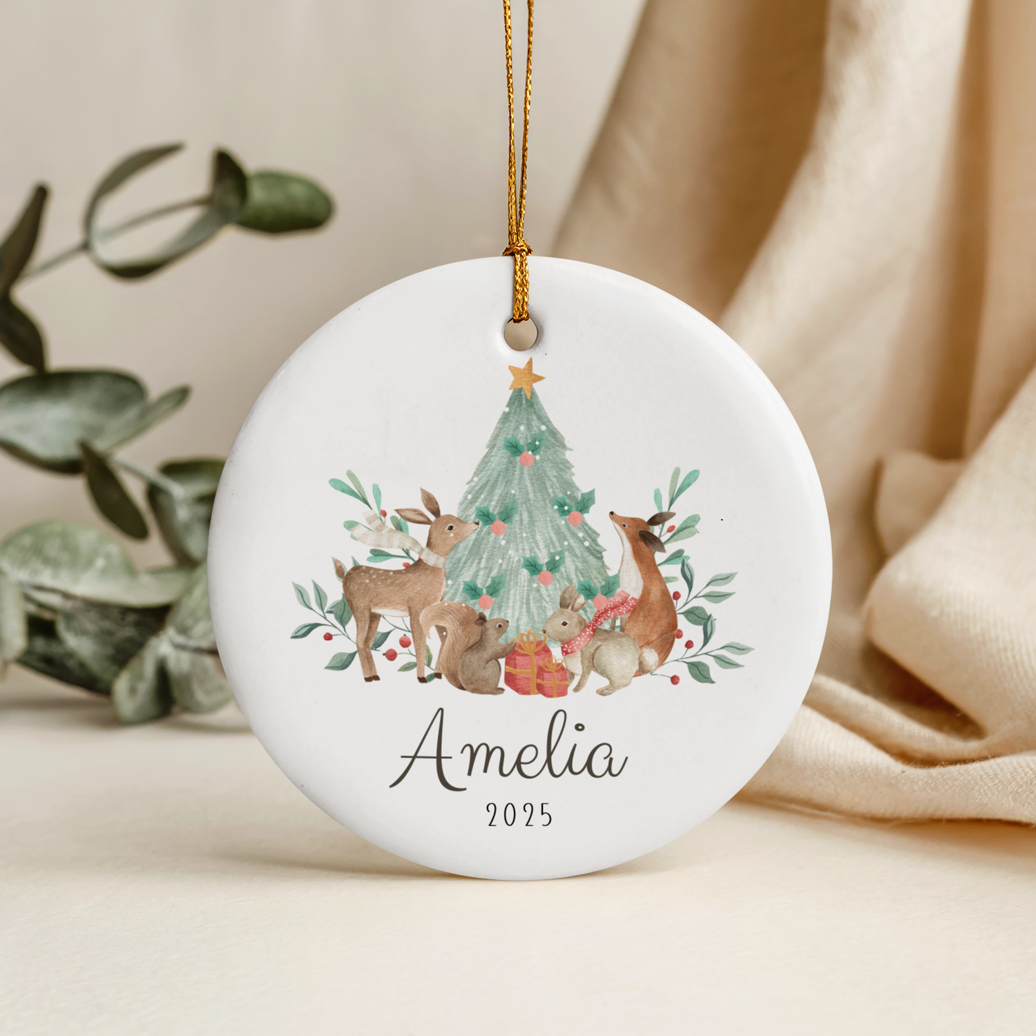 Personalised baby’s first Christmas ornament, white ceramic circle keepsake for new baby, Christmas tree decoration gift, custom name and year, 7cm round ceramic