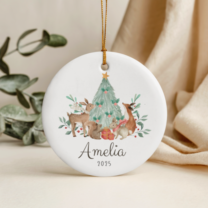 Personalised baby’s first Christmas ornament, white ceramic circle keepsake for new baby, Christmas tree decoration gift, custom name and year, 7cm round ceramic