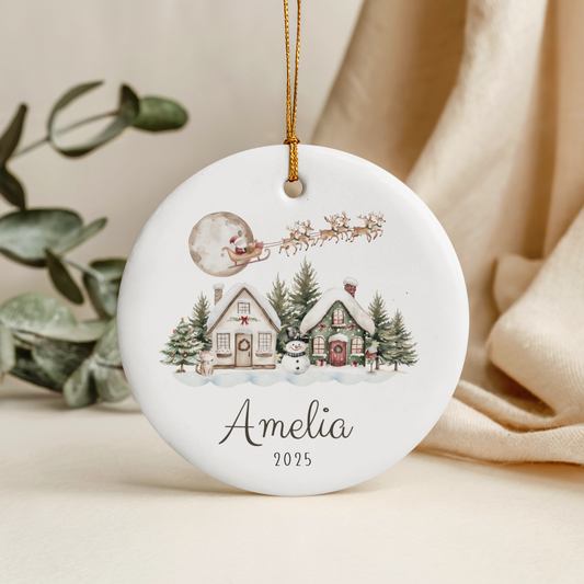 Personalised baby’s first Christmas ornament, white ceramic circle keepsake for new baby, Christmas tree decoration gift, custom name and year, 7cm round ceramic.