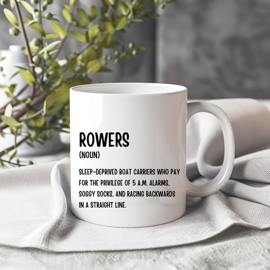 White ceramic mug with funny rowing design. Great gift for rowers, crew team members, and rowing lovers. Dishwasher and microwave safe
