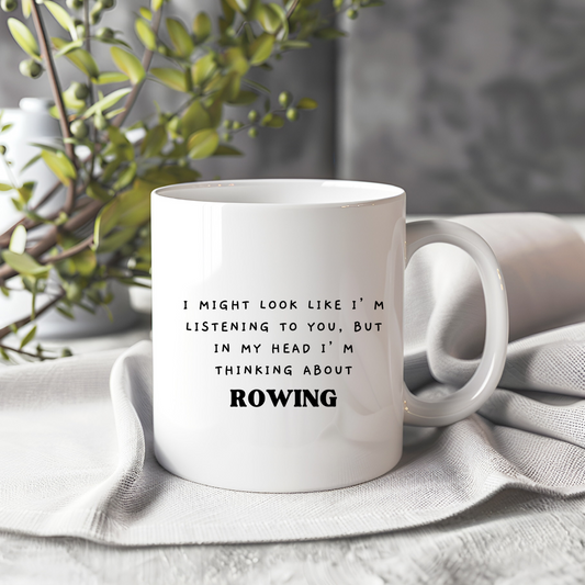 White ceramic mug with funny rowing design. Great gift for rowers, crew team members, and rowing lovers. Dishwasher and microwave safe