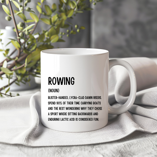 White ceramic mug with funny rowing design. Great gift for rowers, crew team members, and rowing lovers. Dishwasher and microwave safe