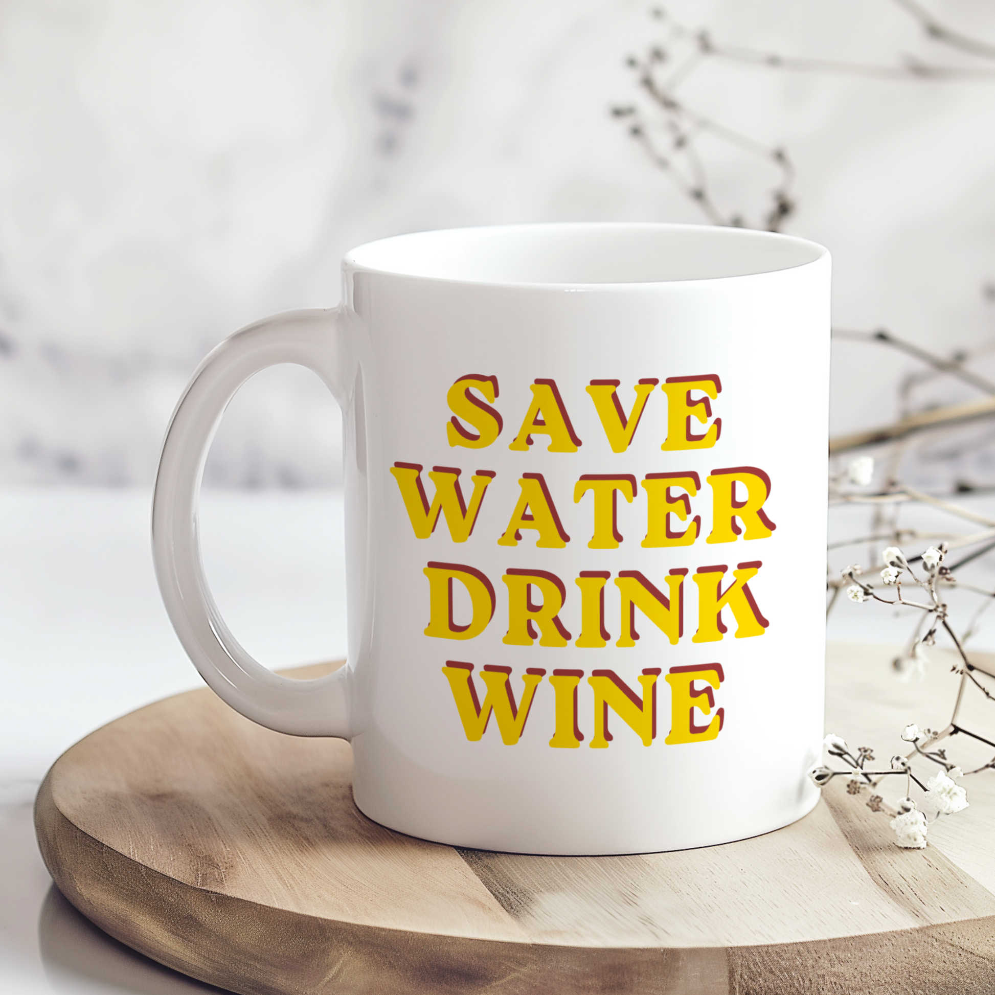 White ceramic mug with retro yellow and pink typography reading “Save Water Drink Wine”, held in hand lifestyle mockup, funny wine lover gift mug, glossy finish coffee cup