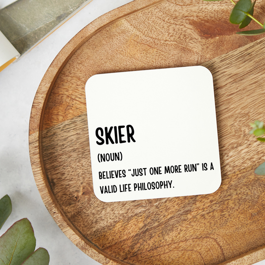 Funny skier coaster with glossy finish, rude skiing gift, 9x9cm wipe-clean coaster.