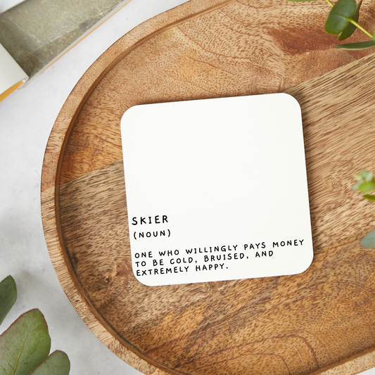 Funny skier coaster with glossy finish, rude skiing gift, 9x9cm wipe-clean coaster.