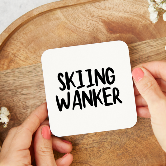 Funny skier coaster with glossy finish, rude skiing gift, 9x9cm wipe-clean coaster.