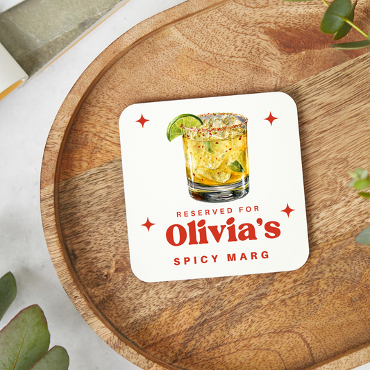 Personalised Spicy Marg coaster with glossy finish, cocktail-inspired drinks gift, perfect stocking filler for margarita lovers