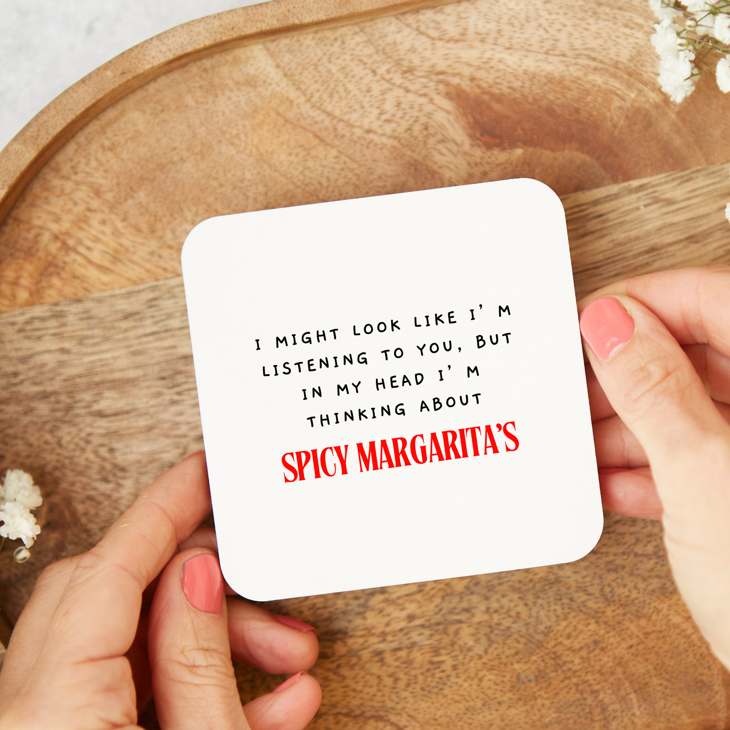 Spicy Margarita themed drinks coaster, fun alcohol gift or stocking filler for cocktail lovers, with a bold design that can be personalised, perfect for spicy margarita fans