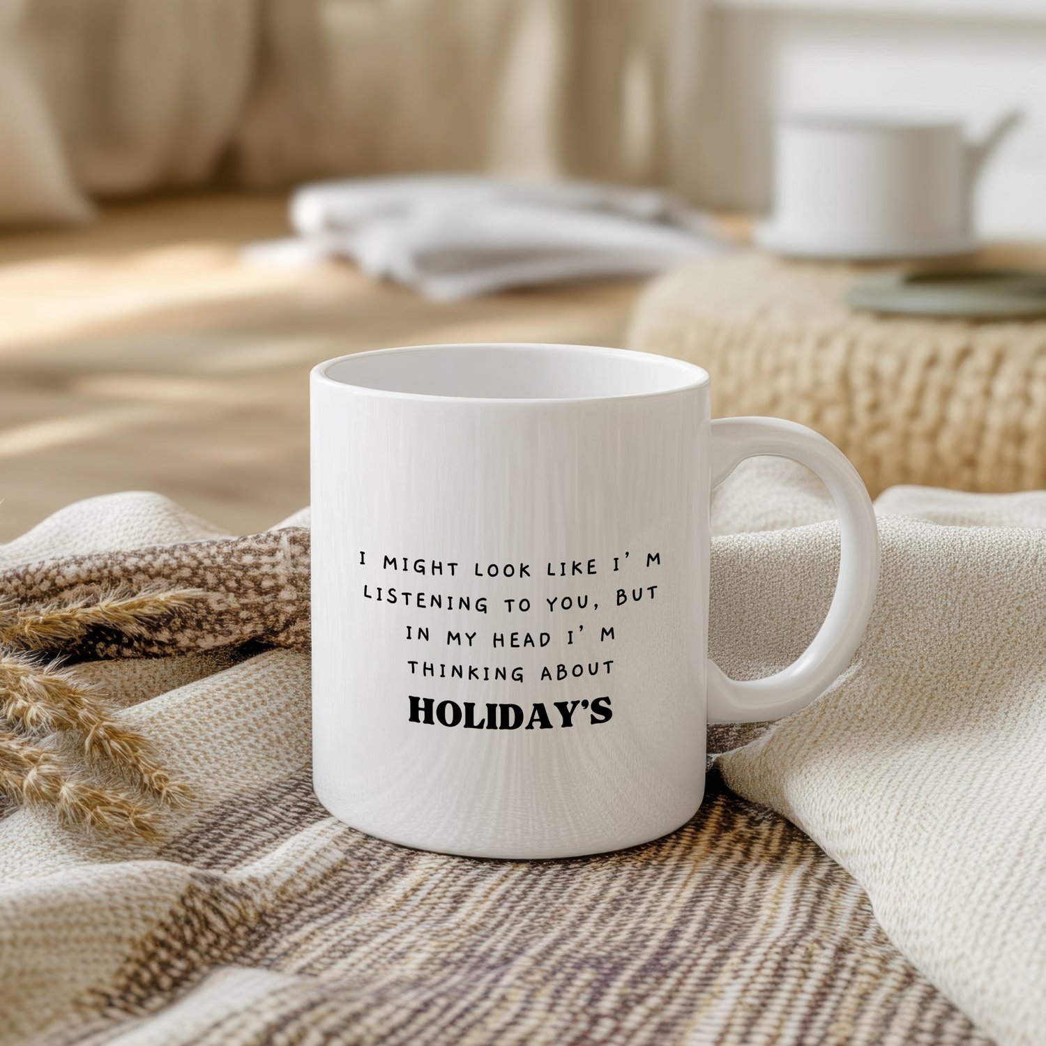 White glossy ceramic mug with travel-themed design printed on both sides, perfect for holiday lovers and adventure seekers