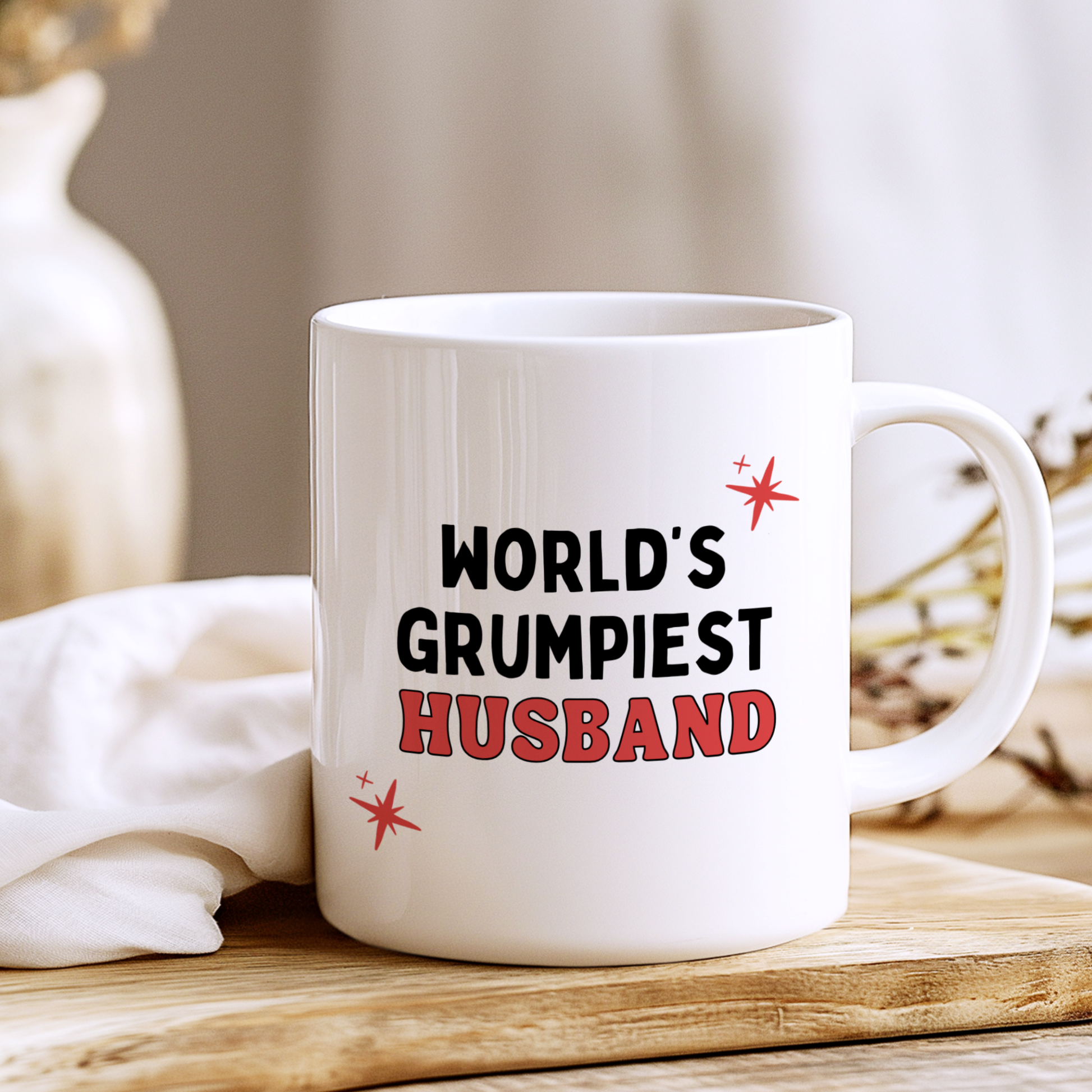 White glossy ceramic mug with funny “World’s Grumpiest Husband” text printed on both sides, humorous novelty gift for husbands