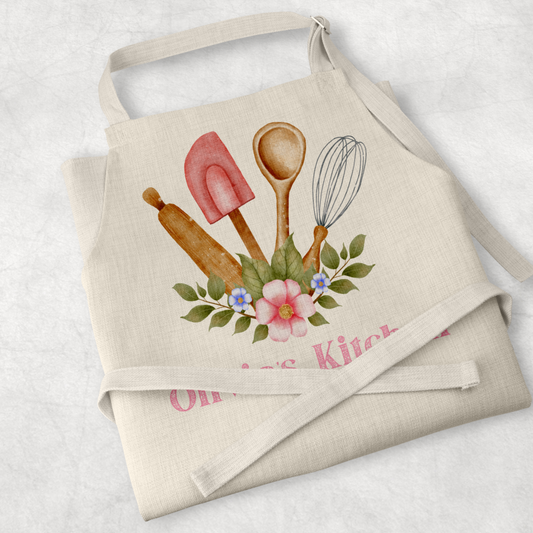 Personalised linen baking apron with front pocket, ideal for cooking or baking lovers, custom name