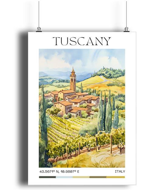 Tuscany Travel Print, Tuscany Travel Poster, Italy Wall Art, Italy Travel Decor, Landscape Print, Travel Gift, Vintage Art - Peach and Pine