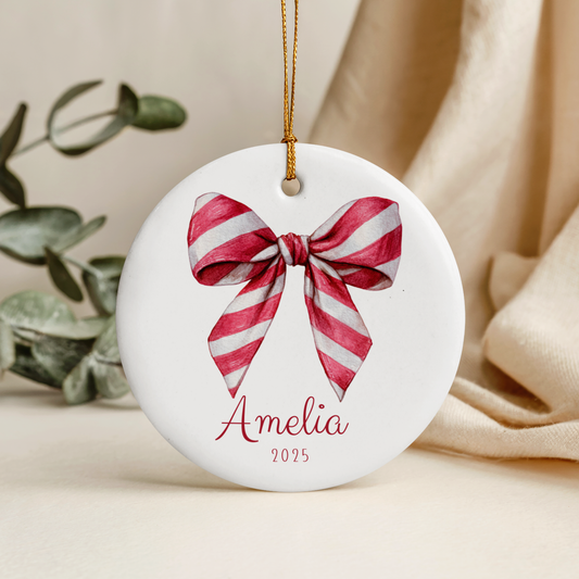 Personalised baby’s first Christmas ornament, white ceramic circle keepsake for new baby, Christmas tree decoration gift, custom name and year, 7cm round ceramic