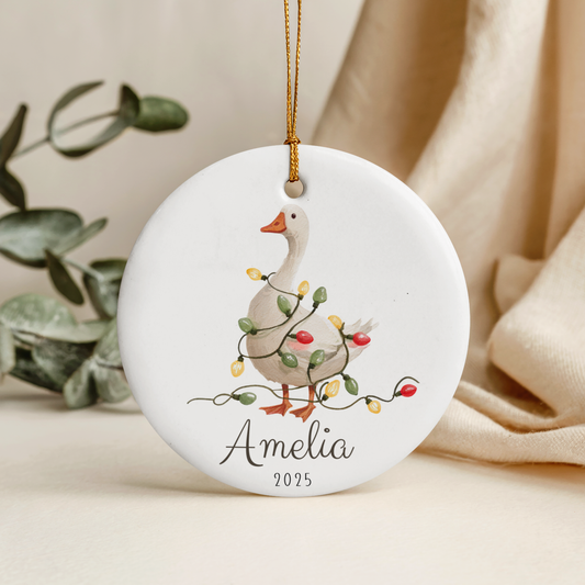 Personalised baby’s first Christmas ornament, white ceramic circle keepsake for new baby, Christmas tree decoration gift, custom name and year, 7cm round ceramic