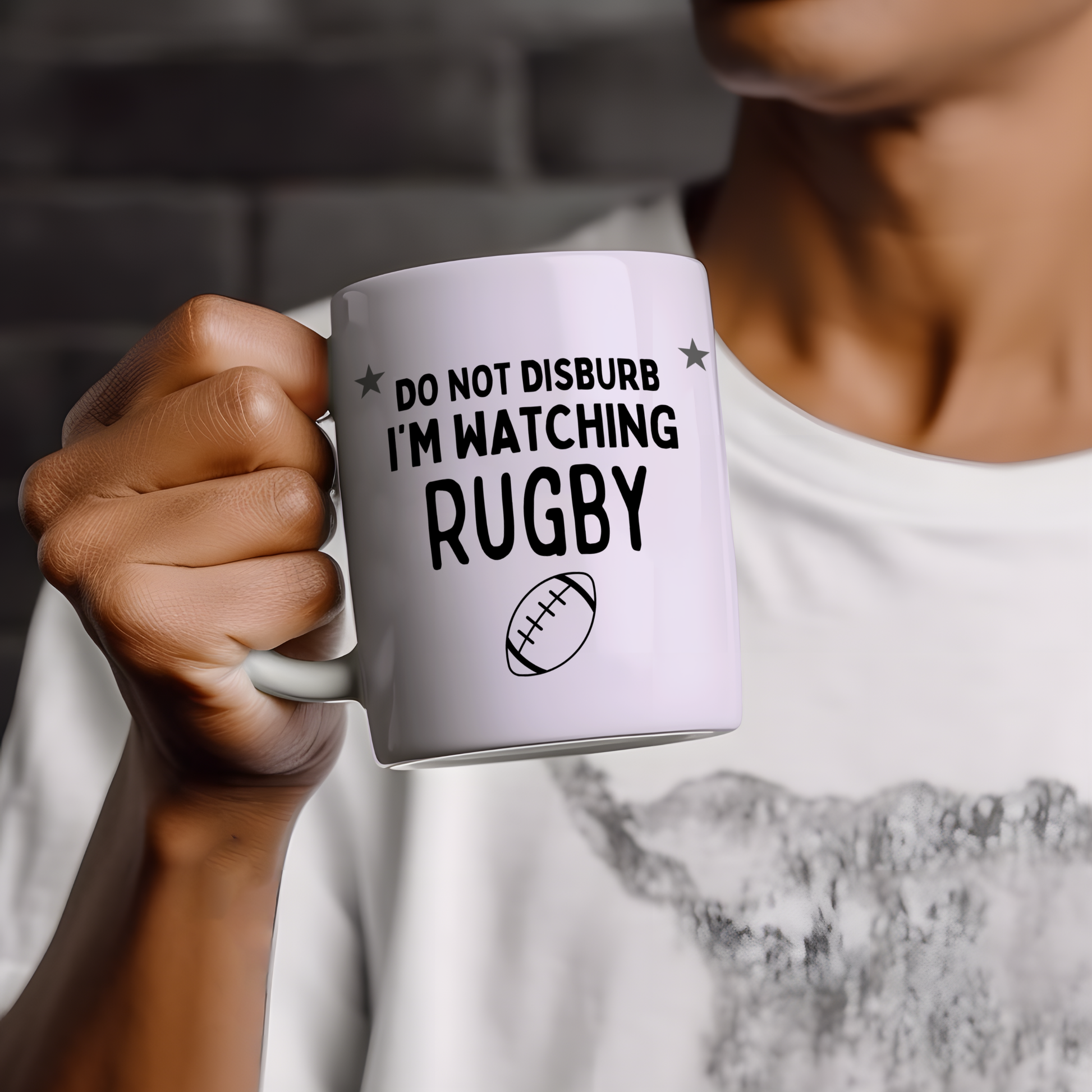 White glossy ceramic mug with a funny rugby-themed design — perfect humorous gift for rugby players and fans.