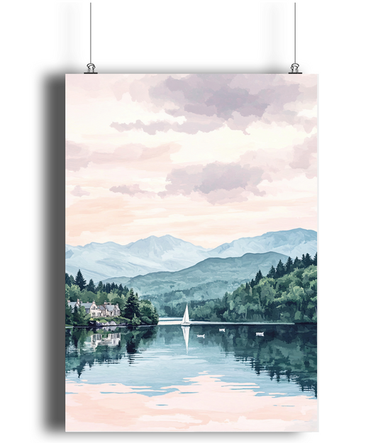 Lake Windermere Travel Print, Lake Windermere Travel Poster, Lake District Wall Art, Lakes Travel Decor, Landscape Print, Travel Gift, Vintage Art - Peach and Pine