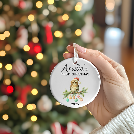 Baby’s first Christmas ornament, personalised ceramic keepsake hanging on tree