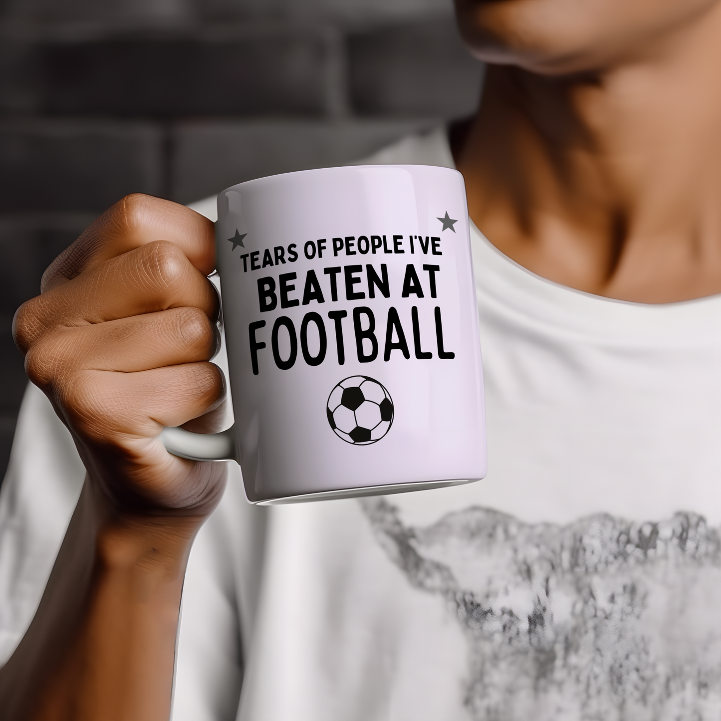 White glossy ceramic mug with a funny football-themed design — perfect gift for football fans and sports lovers.