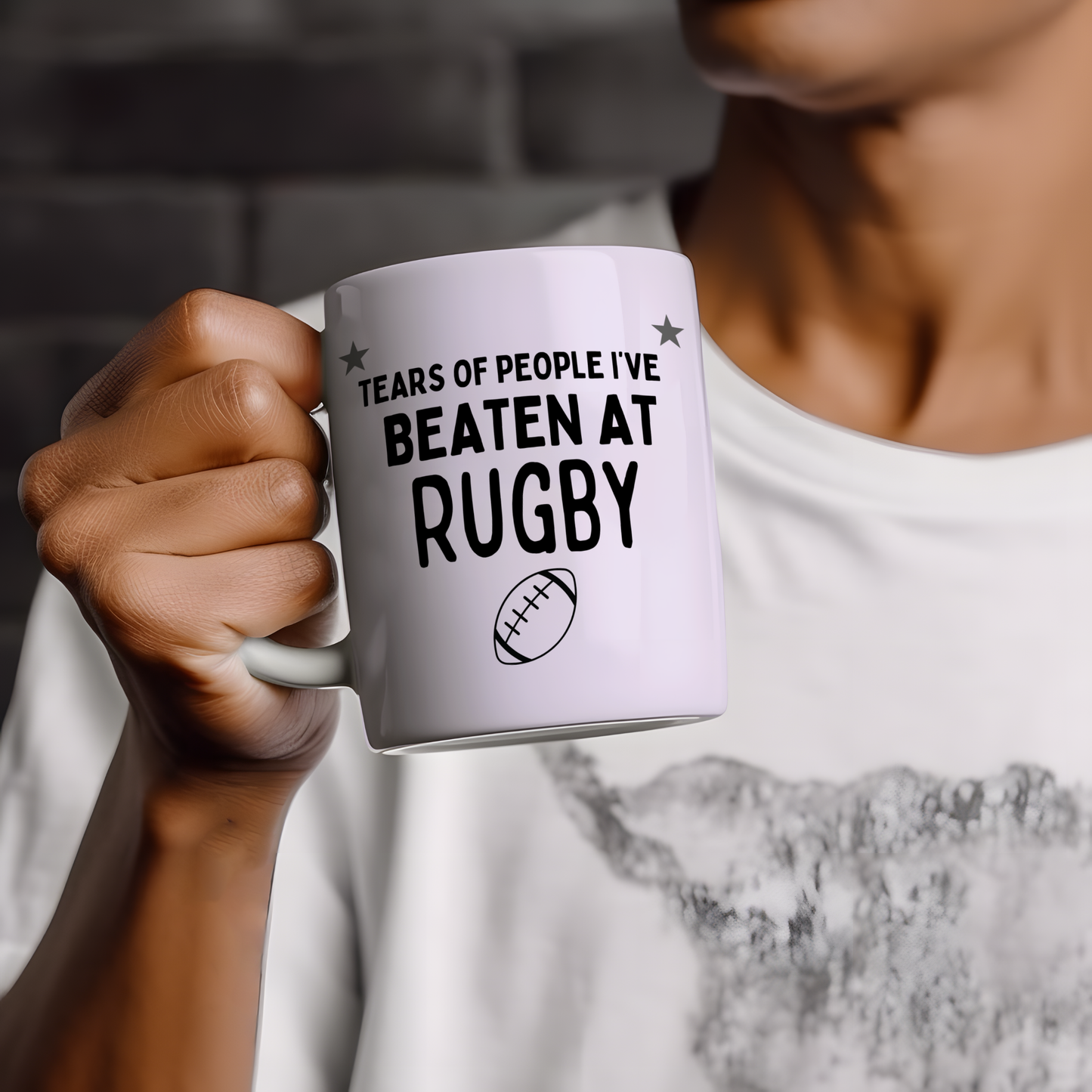 White glossy ceramic mug with a funny rugby-themed design — perfect humorous gift for rugby players and fans.