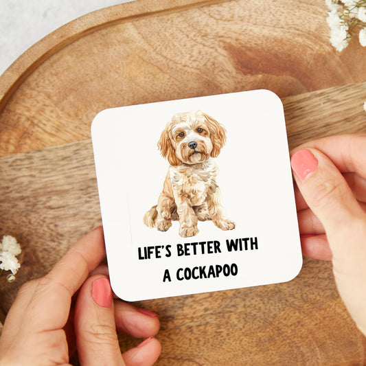 Cute and funny Cockapoo-themed coaster gift for dog lovers, featuring an adorable Cockapoo illustration and playful design.