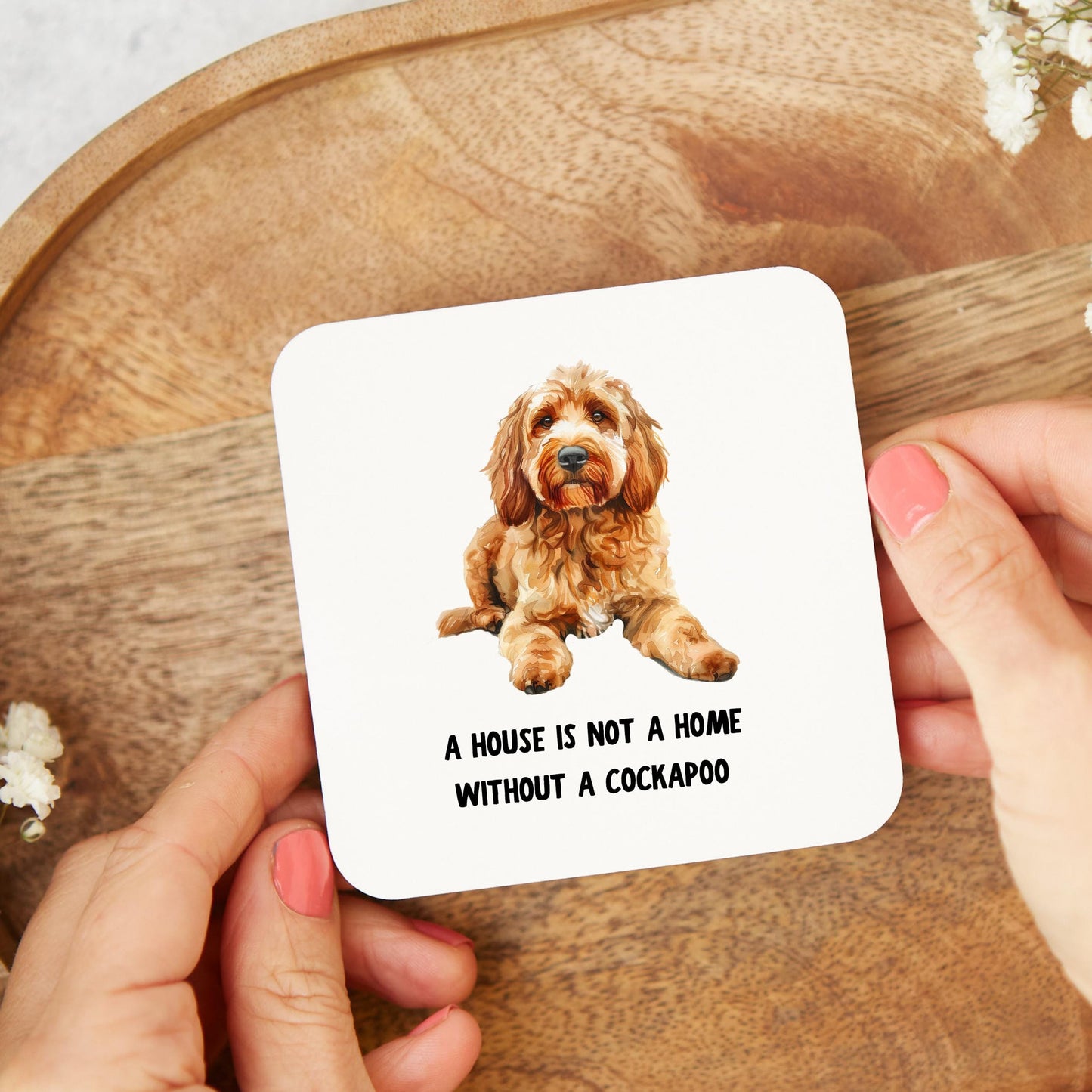 Cute and funny Cockapoo-themed coaster gift for dog lovers, featuring an adorable Cockapoo illustration and playful design.