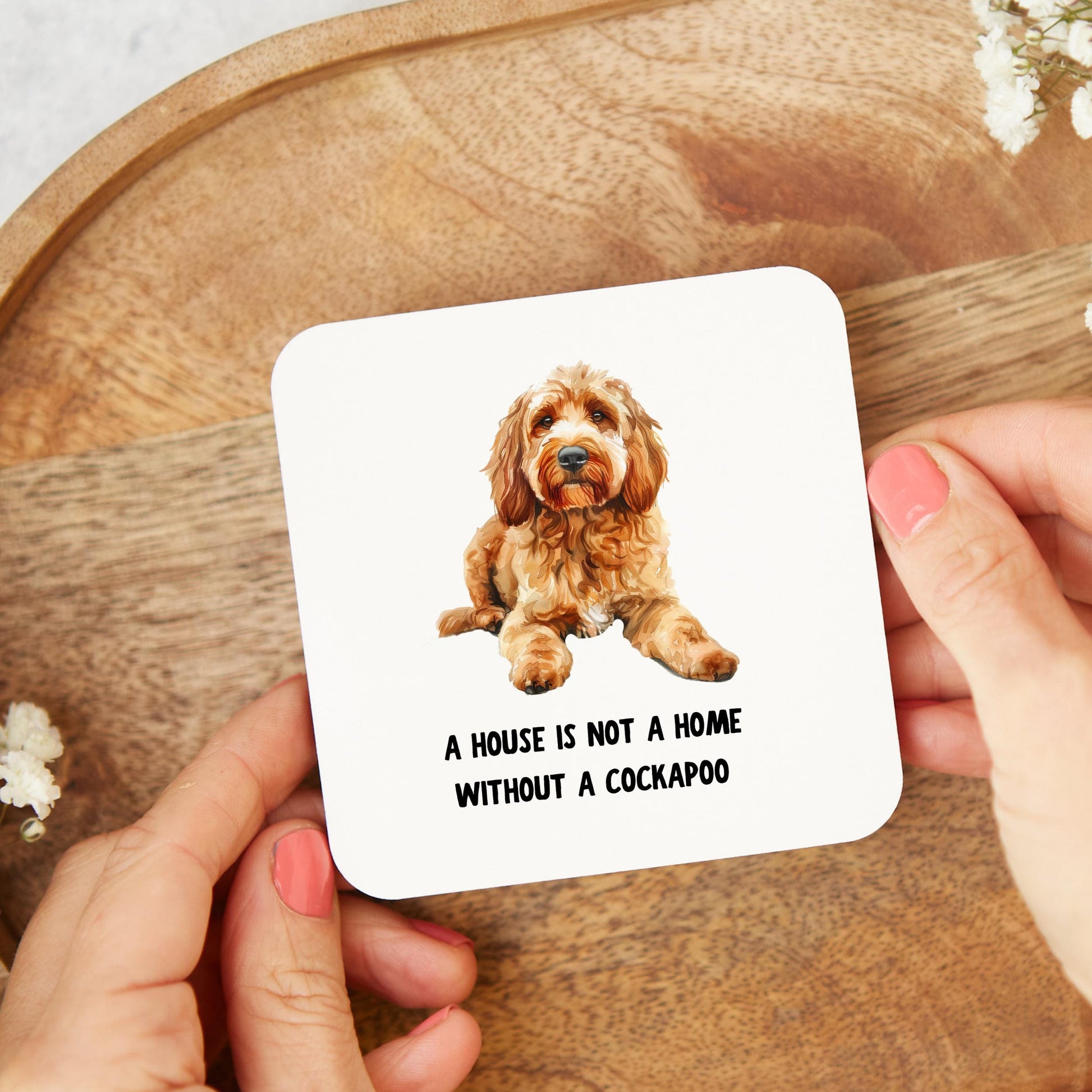 Cute and funny Cockapoo-themed coaster gift for dog lovers, featuring an adorable Cockapoo illustration and playful design.