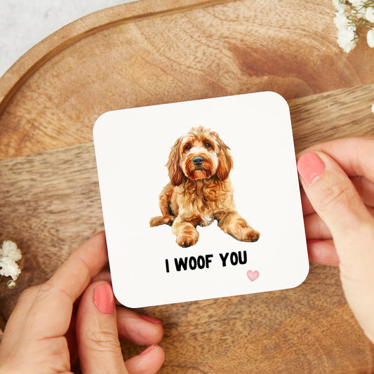Cute and funny Cockapoo-themed coaster gift for dog lovers, featuring an adorable Cockapoo illustration and playful design.