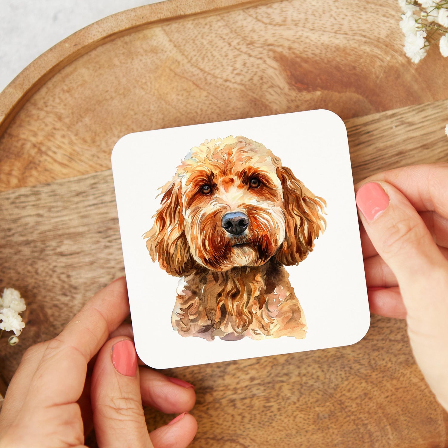 Cute and funny Cockapoo-themed coaster gift for dog lovers, featuring an adorable Cockapoo illustration and playful design.