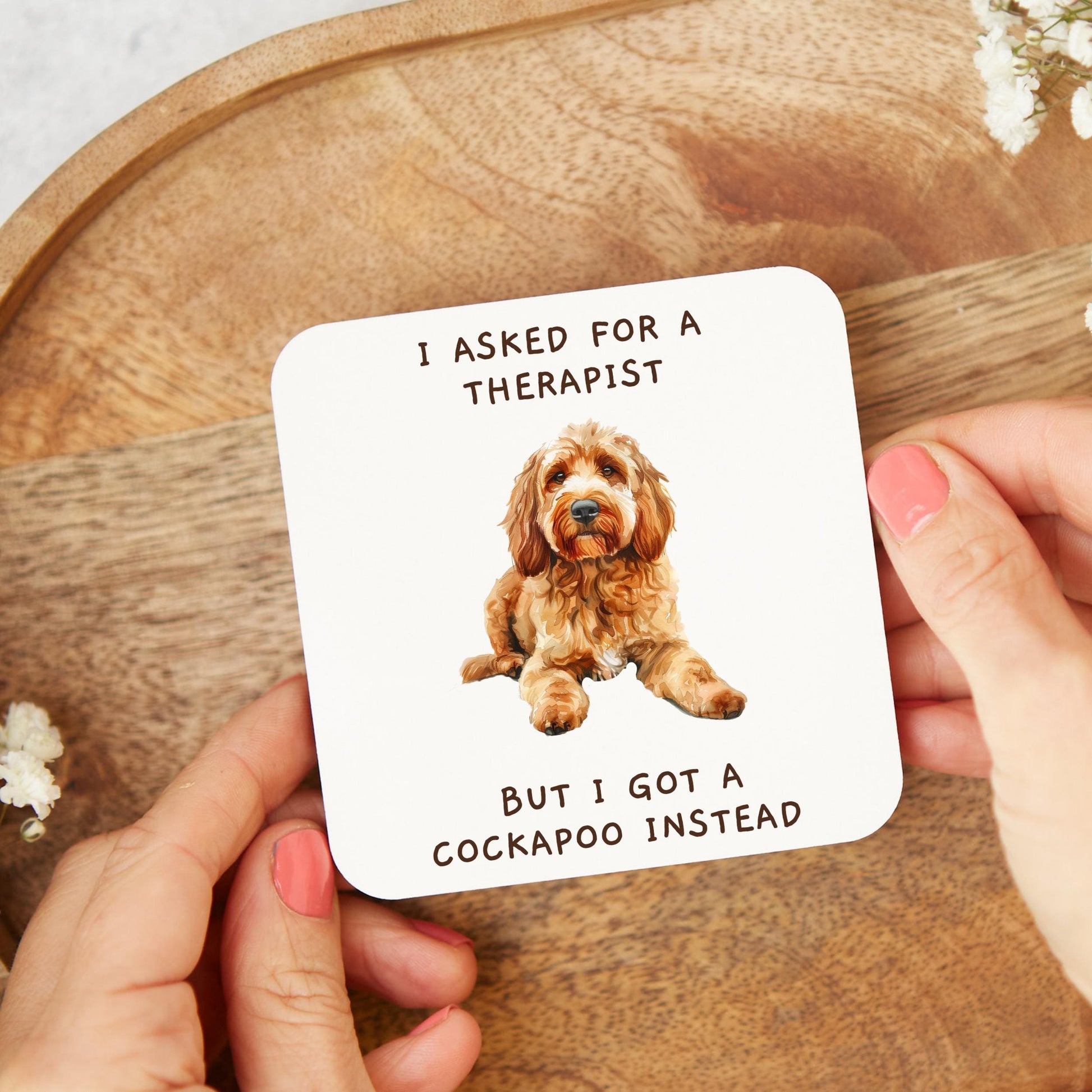 Cute and funny Cockapoo-themed coaster gift for dog lovers, featuring an adorable Cockapoo illustration and playful design.