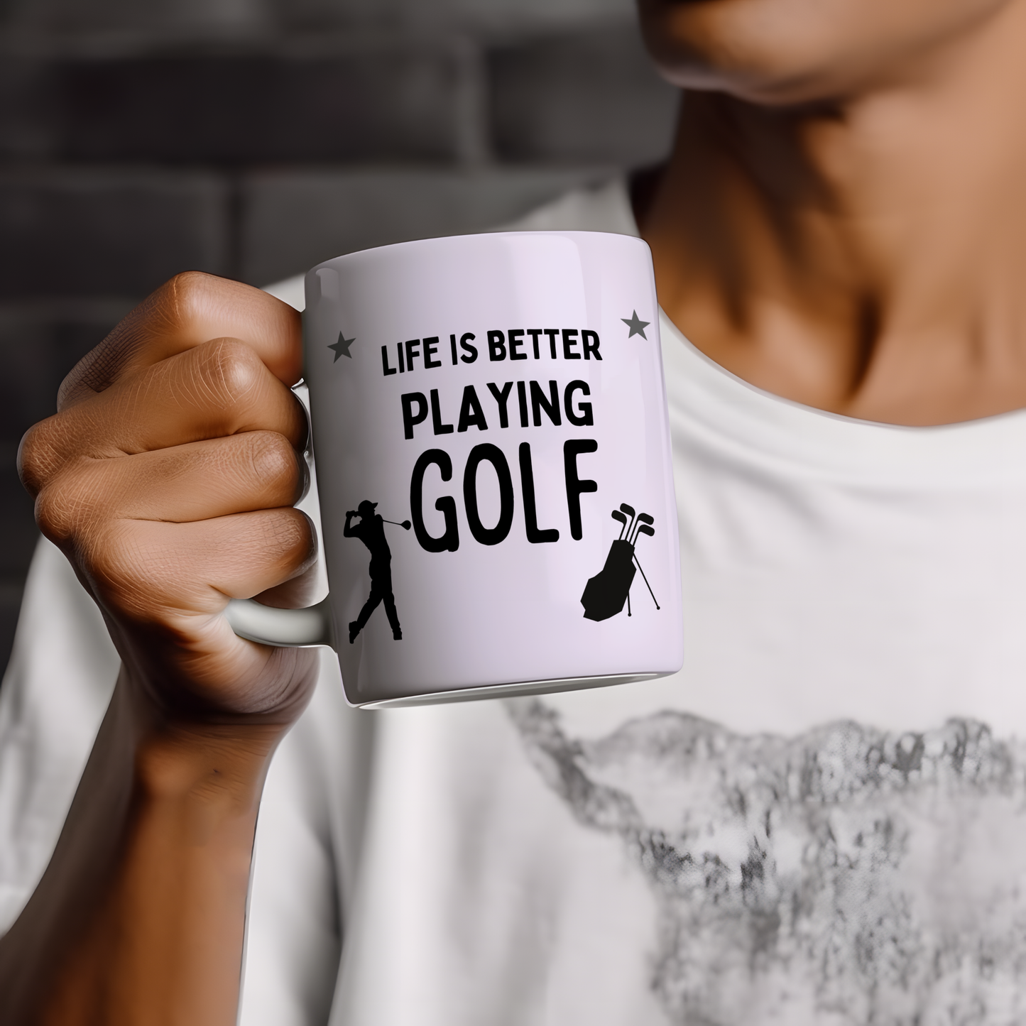 White glossy ceramic mug with a funny golf-themed design — perfect humorous gift for golfers and golf lovers.
