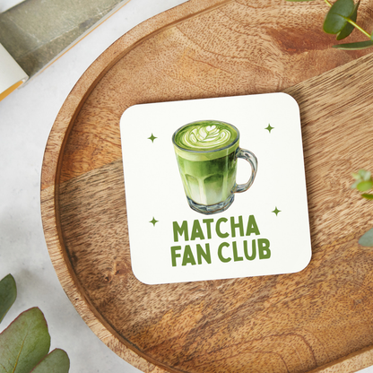 Matcha Fan Club coaster with an illustrated green matcha latte and decorative stars