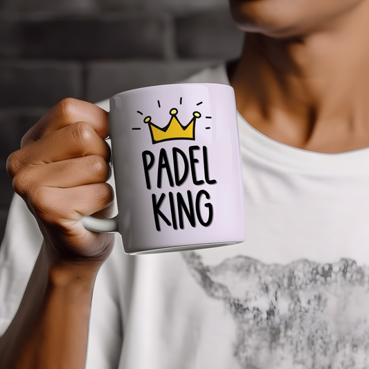 Padel King ceramic mug with yellow crown design, funny gift for padel players and sports lovers.
