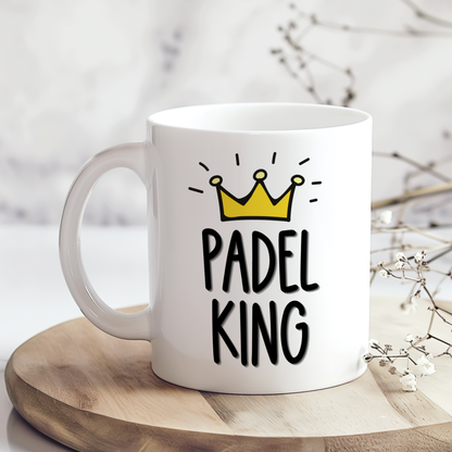 Padel King ceramic mug with yellow crown design, funny gift for padel players and sports lovers.