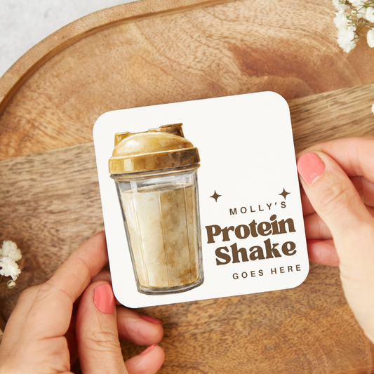 personalised coaster with a protein shake design, ideal gift for protein drink lovers. Fun and practical stocking filler or fitness-inspired personalised gift