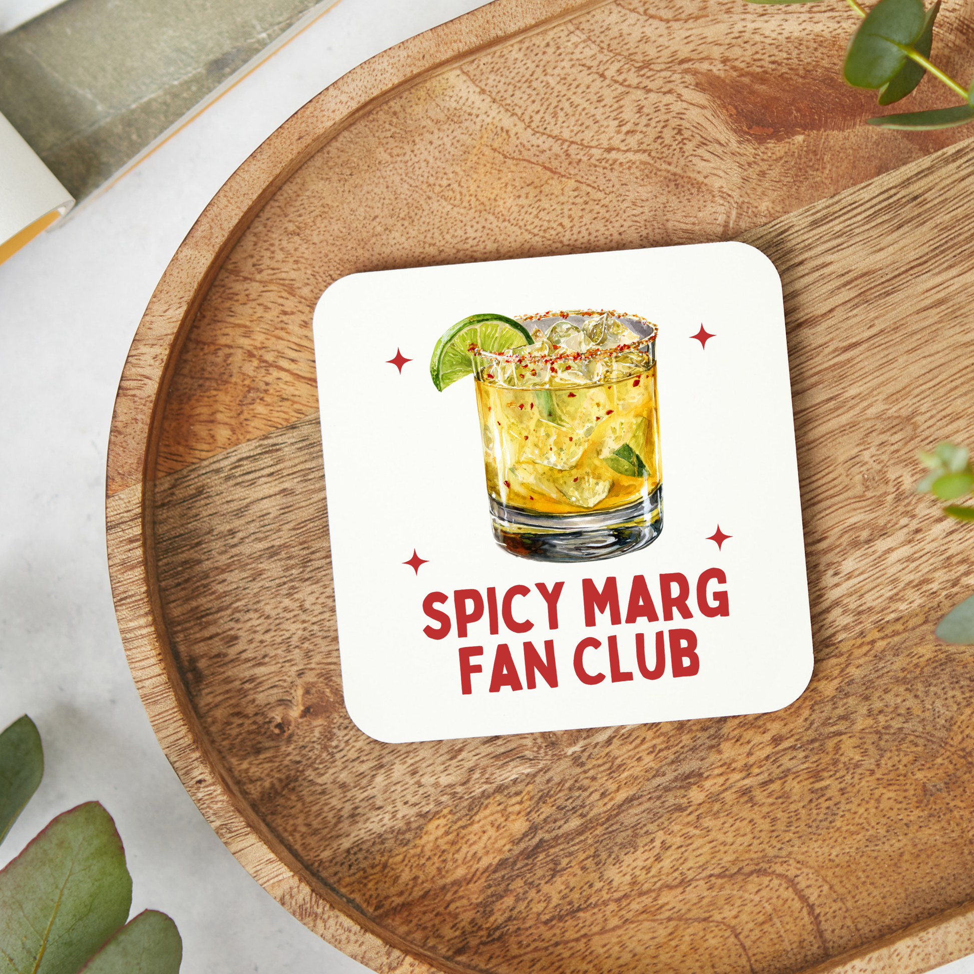 Spicy Marg Fan Club coaster featuring an illustrated spicy margarita cocktail with lime