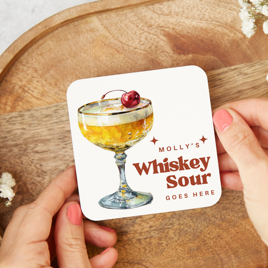 personalised coaster featuring a whiskey sour cocktail design, unique gift for cocktail or whiskey lovers. Fun barware accessory and stocking filler.